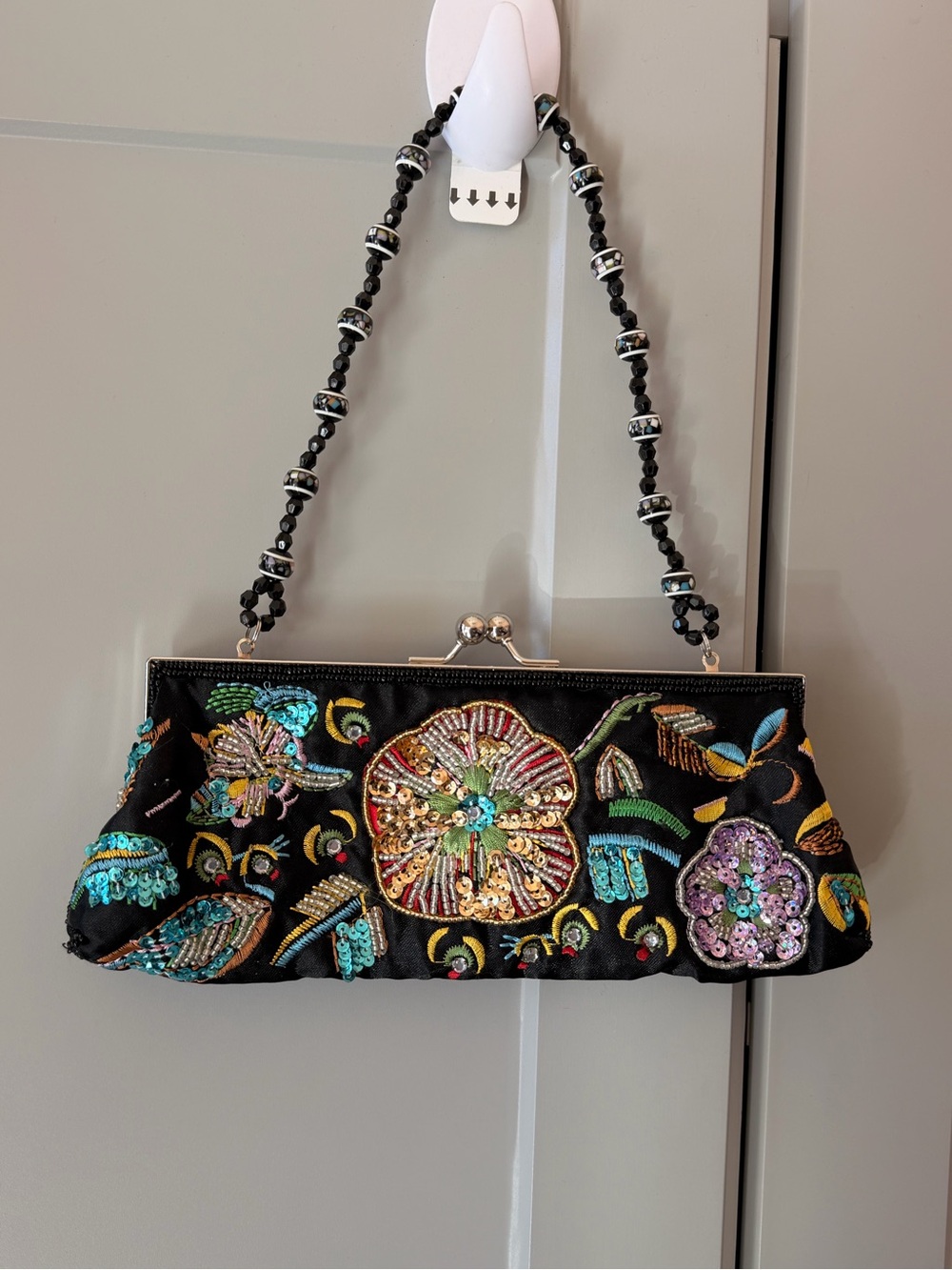 Y2K Black Beaded Floral Sequin Shoulder Bag Kiss Lock Statement Shoulder Purse